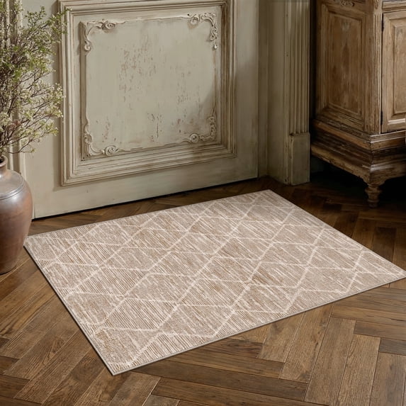 BERTHMEER 2'x3' Small Area Rugs for Entryway Laundry Bathroom Bedroom Entrance Geometric Checkered Rhombus Pattern Rugs Dorm Brown Non Slip Washable Modern Contemporary Carpets