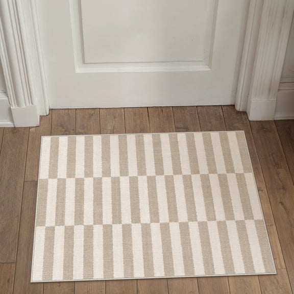 BERTHMEER 2'x3' Small Area Rugs for Entryway Laundry Bathroom Bedroom Entrance Kitchen Striped Pattern Rugs Dorm Light Brown Beige Non Slip Washable Modern Contemporary Geometric Carpets