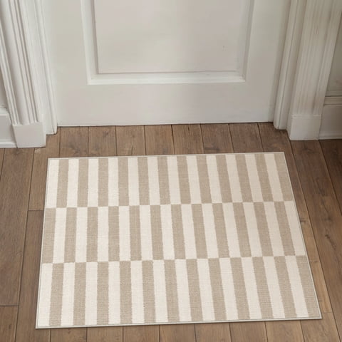 BERTHMEER 2'x3' Small Area Rugs for Entryway Laundry Bathroom Bedroom Entrance Kitchen Striped Pattern Rugs Dorm Light Brown Beige Non Slip Washable Modern Contemporary Geometric Carpets