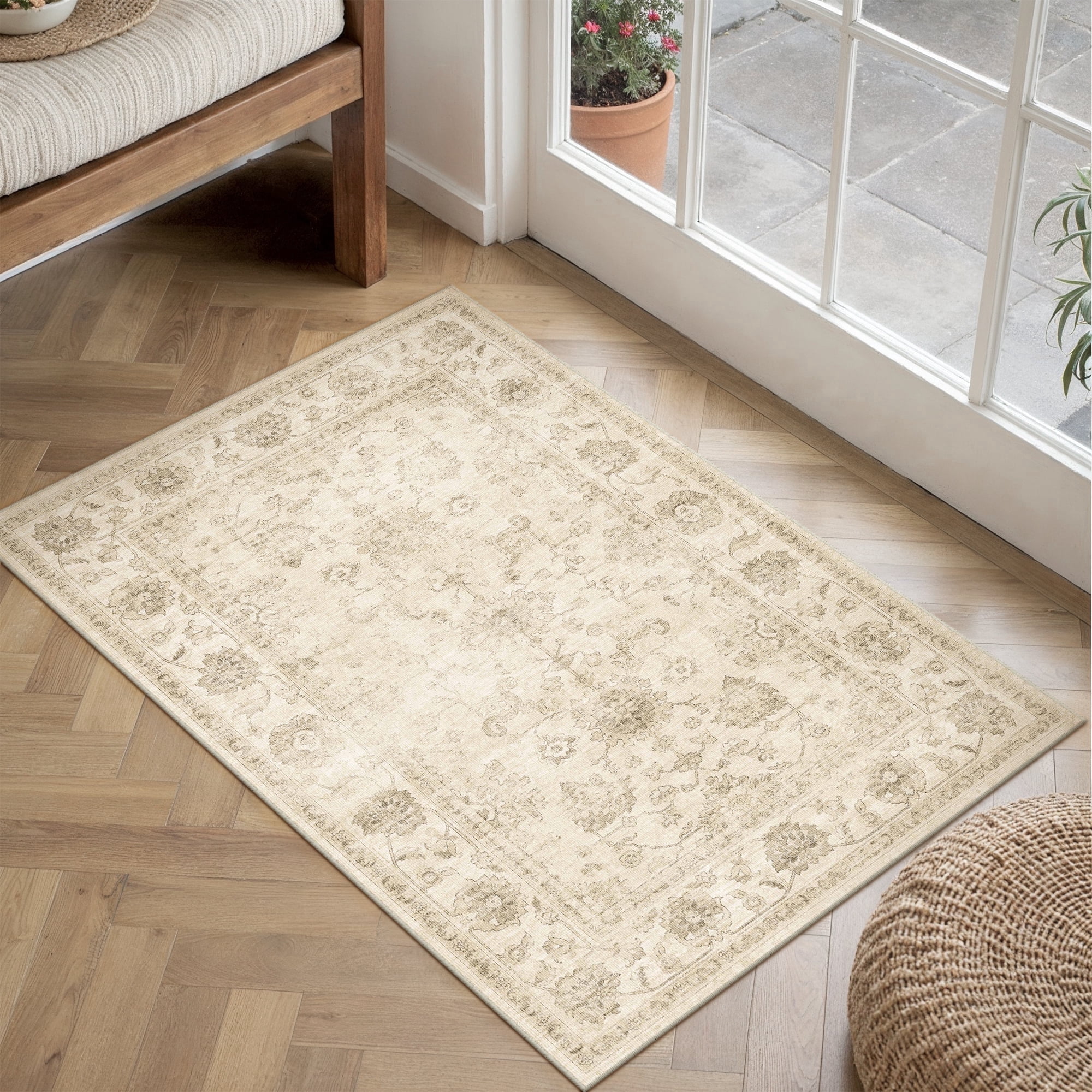 berthmeer 2'x3' small area rugs for entryway laundry bathroom bedroom entrance kitchen dorm beige non slip washable vintage traditional oriental carpets distressed rugs