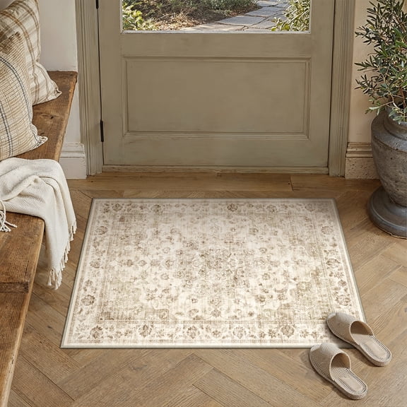 BERTHMEER 2'x3' Small Area Rugs for Entryway Laundry Bathroom Bedroom Entrance Kitchen Dorm Beige Non Slip Washable Vintage Traditional Oriental Carpets Distressed Rugs