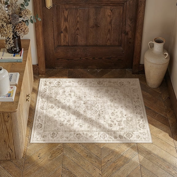 BERTHMEER 2'x3' Small Area Rugs for Entryway Laundry Bathroom Bedroom Entrance Kitchen Dorm Beige Non Slip Washable Vintage Traditional Oriental Carpets Distressed Rugs