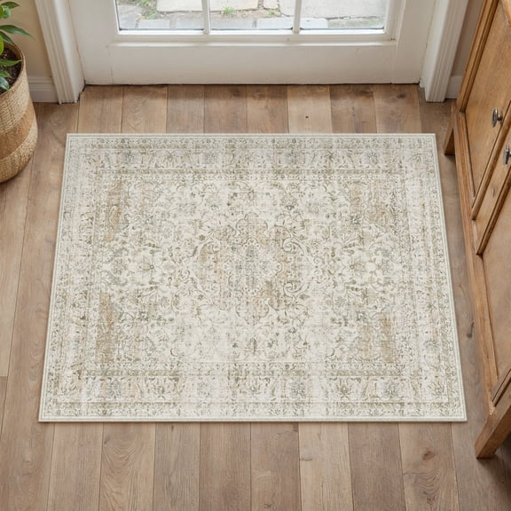 BERTHMEER 2'x3' Small Area Rugs for Entryway Laundry Bathroom Bedroom Entrance Kitchen Dorm Beige Non Slip Washable Vintage Traditional Oriental Carpets Distressed Rugs