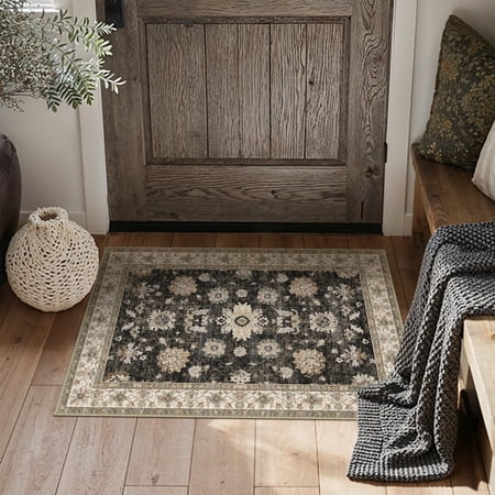 BERTHMEER 2'x3' Small Area Rugs for Entryway Laundry Bathroom Bedroom Entrance Kitchen Dorm Black and Gold Non Slip Washable Vintage Traditional Oriental Carpets Distressed Rugs price history and forecast - Berthmeer