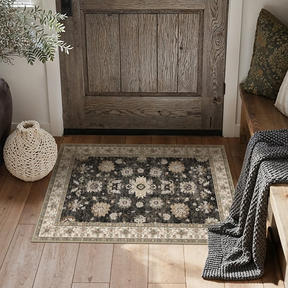 BERTHMEER 2'x3' Small Area Rugs for Entryway Laundry Bathroom Bedroom Entrance Kitchen Dorm Black and Gold Non Slip Washable Vintage Traditional Oriental Carpets Distressed Rugs