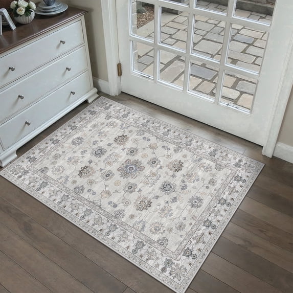 BERTHMEER 2'x3' Small Area Rugs for Entryway Laundry Bathroom Bedroom Entrance Kitchen Dorm Gray Non Slip Washable Vintage Traditional Oriental Carpets Distressed Rugs