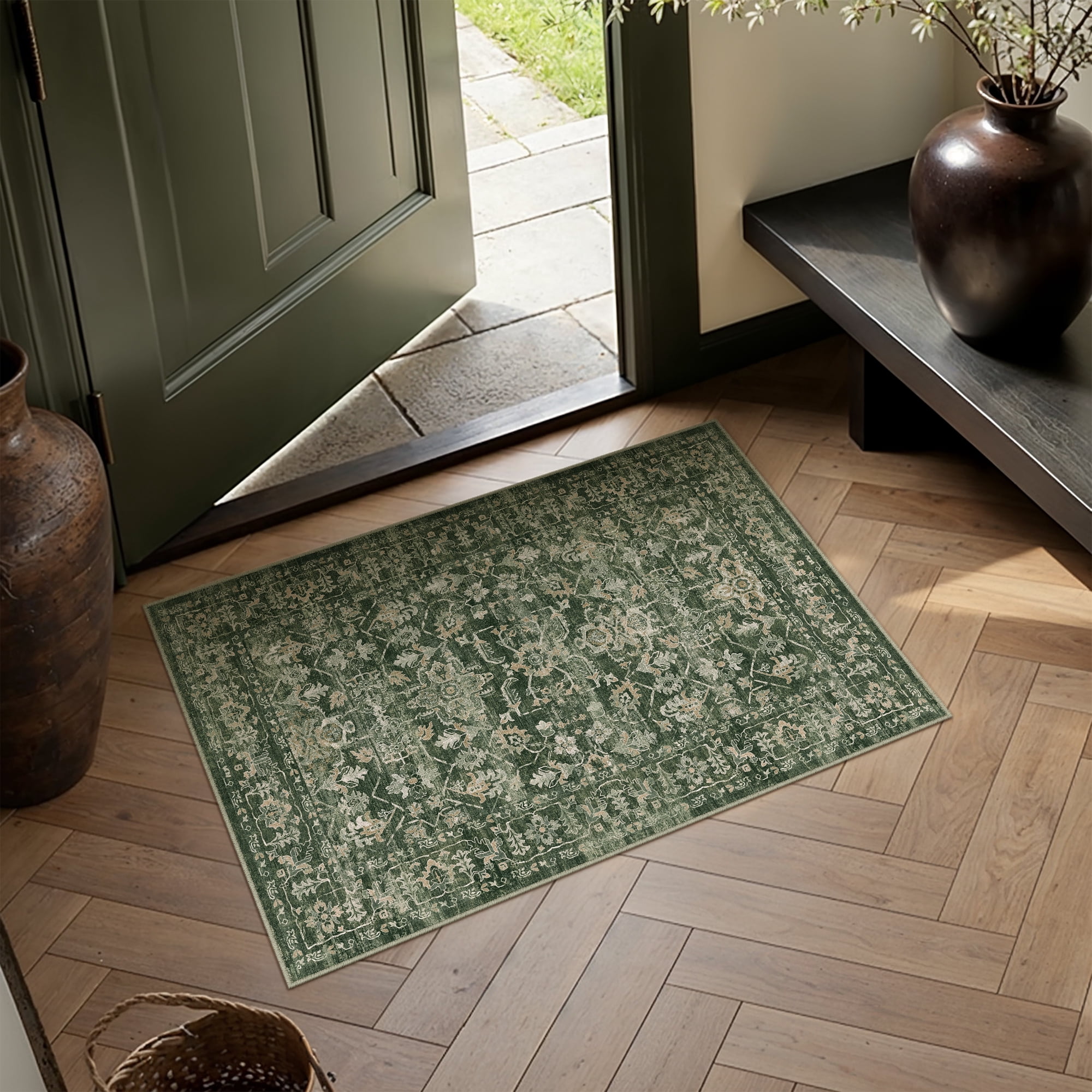 BERTHMEER 2'x3' Small Area Rugs for Entryway Laundry Bathroom Bedroom Entrance Kitchen Dorm Green Non Slip Washable Vintage Traditional Oriental Carpets Distressed Rugs