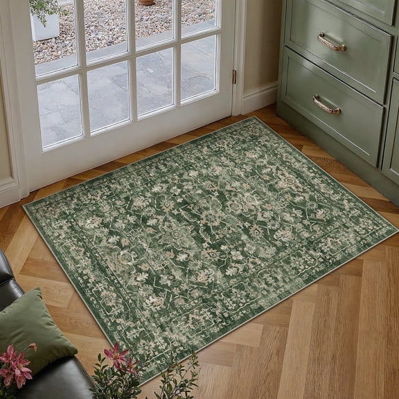 BERTHMEER 2'x3' Small Area Rugs for Entryway Laundry Bathroom Bedroom Entrance Kitchen Dorm Green Non Slip Washable Vintage Traditional Oriental Carpets Distressed Rugs