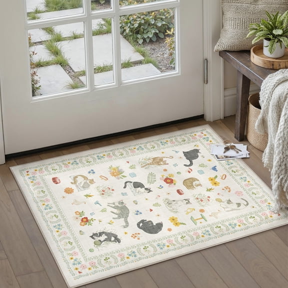 BERTHMEER 2'x3' Small Area Rugs for Entryway Laundry Bathroom Bedroom Entrance Modern Contemporary Rugs Dorm Beige Non Slip Washable Cat Pattern Floral Carpets
