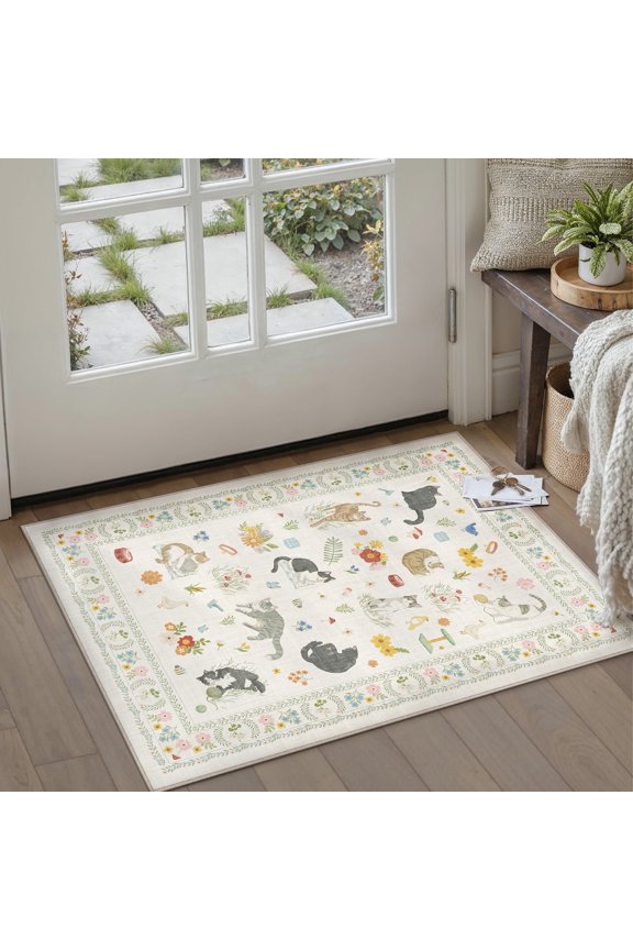 2'x3' Small Area Rugs for Entryway Laundry Bathroom Bedroom Entrance Modern Contemporary Rugs Dorm Beige Non Slip Washable Cat Pattern Floral Carpets