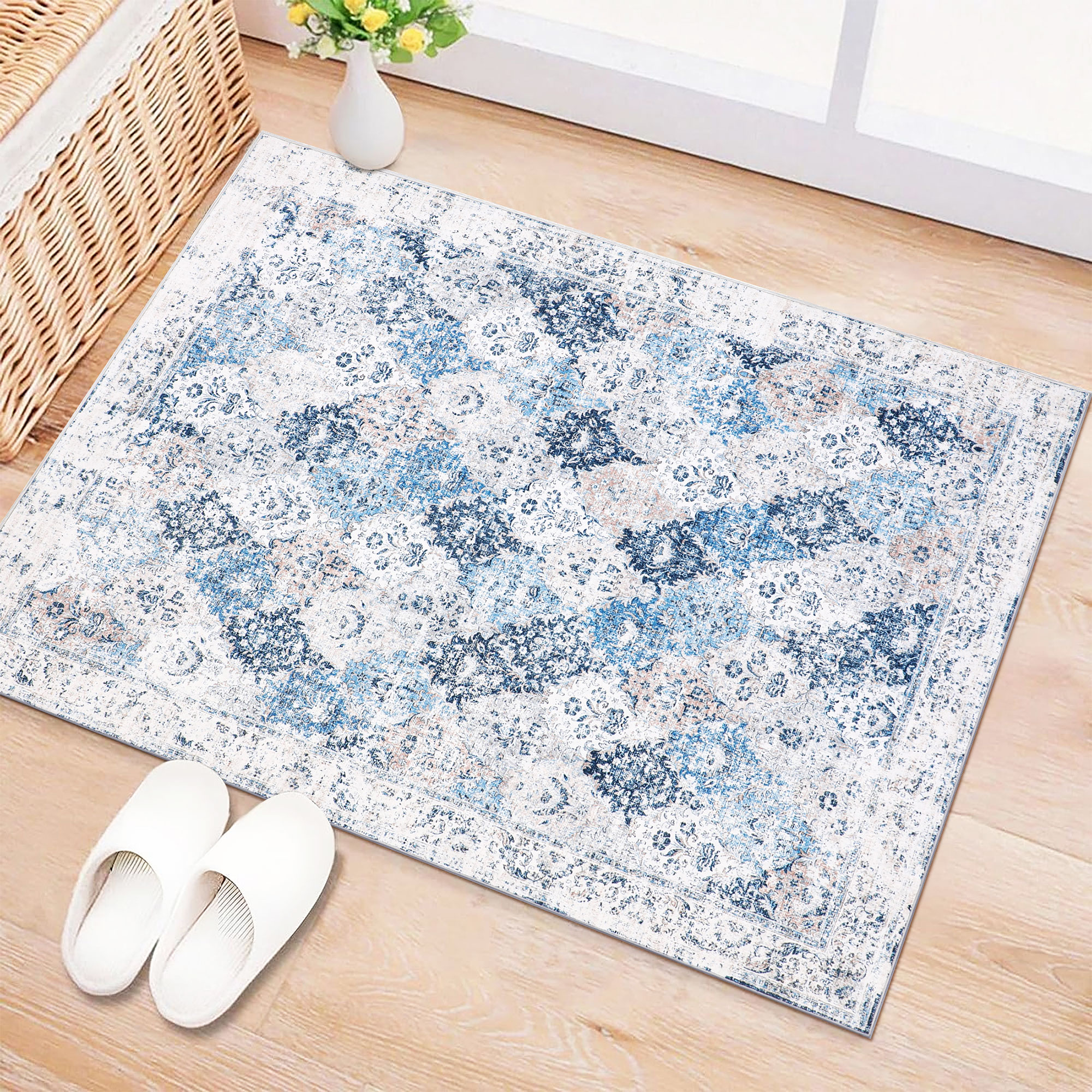 BERTHMEER 2'x3' Small Area Rugs Washable Blue Rugs Vintage Distressed