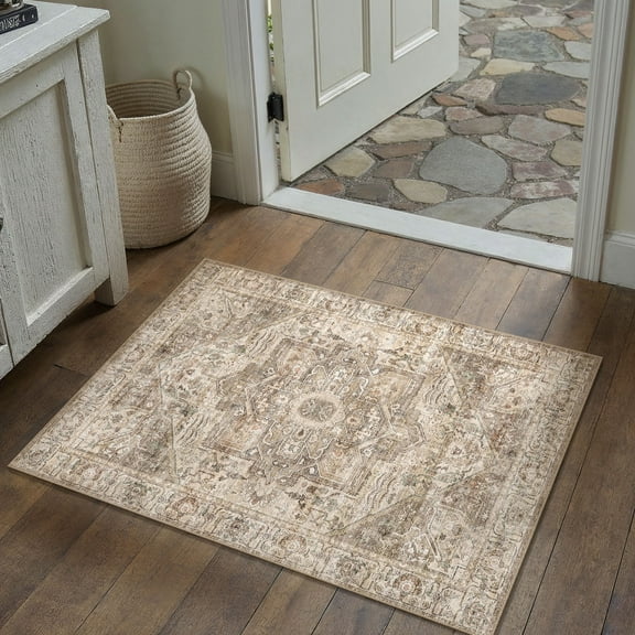 BERTHMEER 2'x3' Small Area Rugs Washable for door Entryway Bedroom indoor Distressed Rugs, Gold Brown