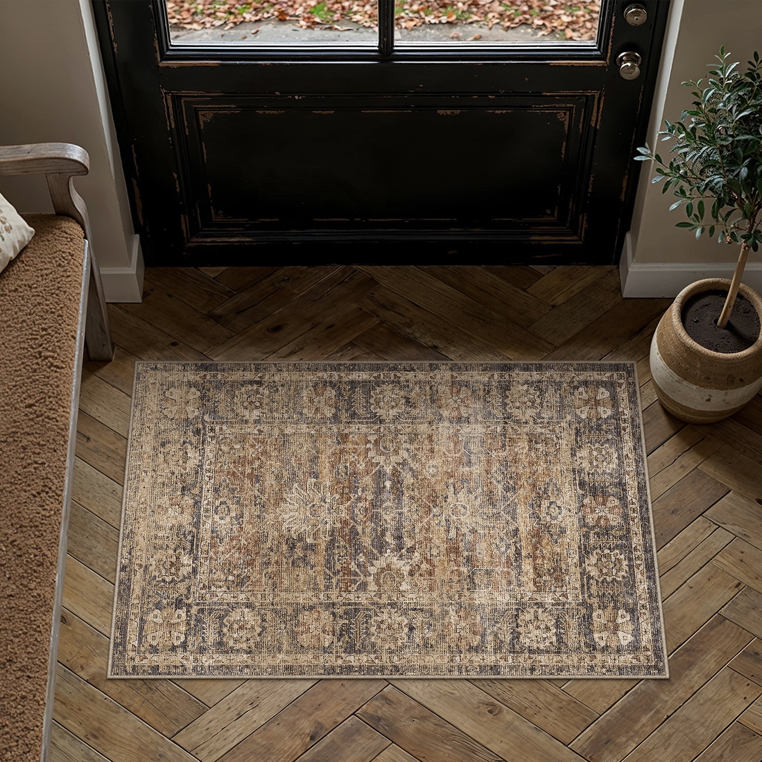 berthmeer 2'x3' small area rugs for doorway bedroom entryway kitchen dorm entrance vintage floral non slip washable oriental traditional rugs, brown