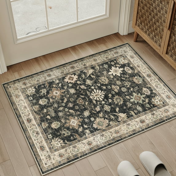 BERTHMEER 2'x3' Small Area Rugs for Entryway Doorway indoor Doormats Bathroom Machine Washable Non-slip Vintage Floral Oriental Rugs,Black