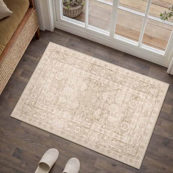 BERTHMEER 2'x3' Small Beige Area Rugs for Bathroom Entryway Bedroom Kitchen Dorm Entrance Non Slip Washable Vintage Traditional Oriental Accent Distressed Carpets