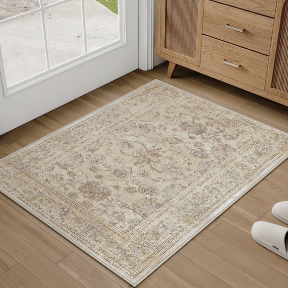 BERTHMEER 2'x3' Small Beige Area Rugs for Entryway Bathroom Bedroom Kitchen Dorm Entrance Non Slip Washable Vintage Traditional Carpets Oriental Accent Distressed Throw Rugs