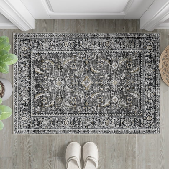 BERTHMEER 2'x3' Small Black Area Rugs for Bathroom Bedroom Entryway Kitchen Dorm Entrance Vintage Non Slip Washable Oriental Traditional Distressed Rugs