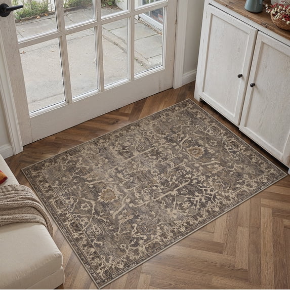 BERTHMEER 2'x3' Small Brown Area Rugs for Bathroom Bedroom Entryway Kitchen Dorm Entrance Non Slip Washable Vintage Traditional Oriental Accent Distressed Carpets