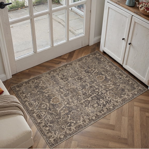 BERTHMEER 2'x3' Small Brown Area Rugs for Bathroom Bedroom Entryway Kitchen Dorm Entrance Non Slip Washable Vintage Traditional Oriental Accent Distressed Carpets