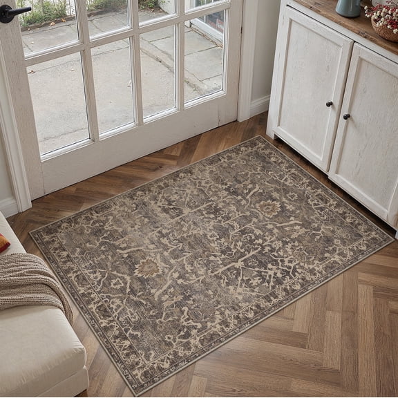 BERTHMEER 2'x3' Small Brown Area Rugs for Bathroom Bedroom Entryway Kitchen Dorm Entrance Non Slip Washable Vintage Traditional Oriental Accent Distressed Carpets