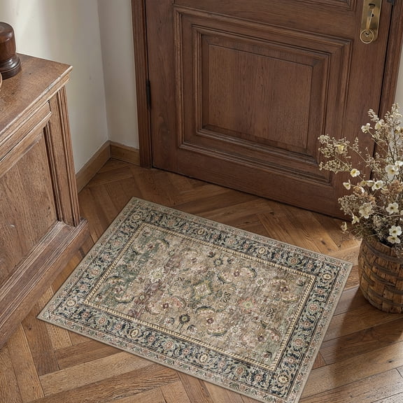 BERTHMEER 2'x3' Small Brown Area Rugs for Bathroom Bedroom Entryway Kitchen Dorm Entrance Vintage Non Slip Washable Oriental Traditional Distressed Rugs