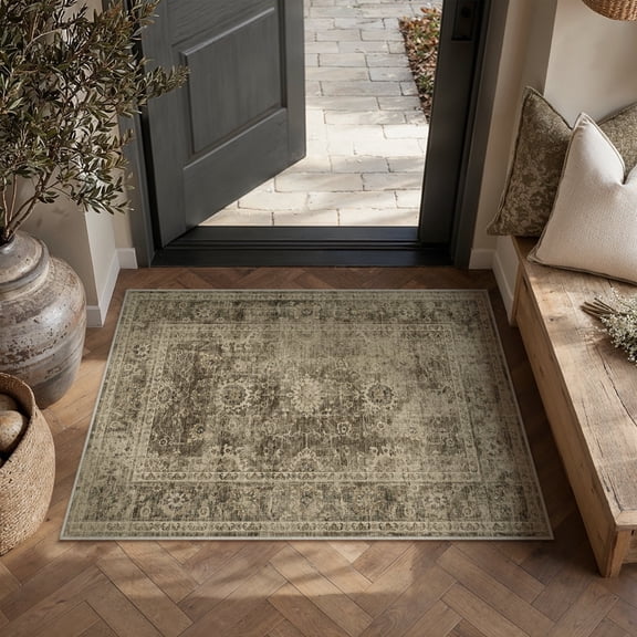 BERTHMEER 2'x3' Small Brown Area Rugs for Bathroom Entryway Bedroom Kitchen Dorm Entrance Non Slip Washable Vintage Traditional Oriental Accent Distressed Rugs