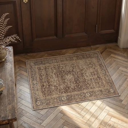 BERTHMEER 2'x3' Small Brown Area Rugs for Entryway Bathroom Bedroom Kitchen Dorm Entrance Non Slip Washable Vintage Traditional Carpets Oriental Accent Distressed Doormats