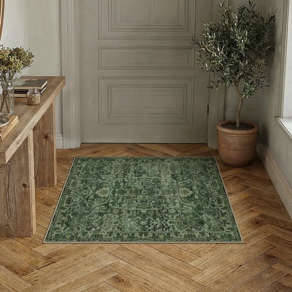 BERTHMEER 2'x3' Small Green Area Rugs for Bathroom Bedroom Entryway Kitchen Dorm Entrance Non Slip Washable Vintage Traditional Oriental Accent Distressed Carpets