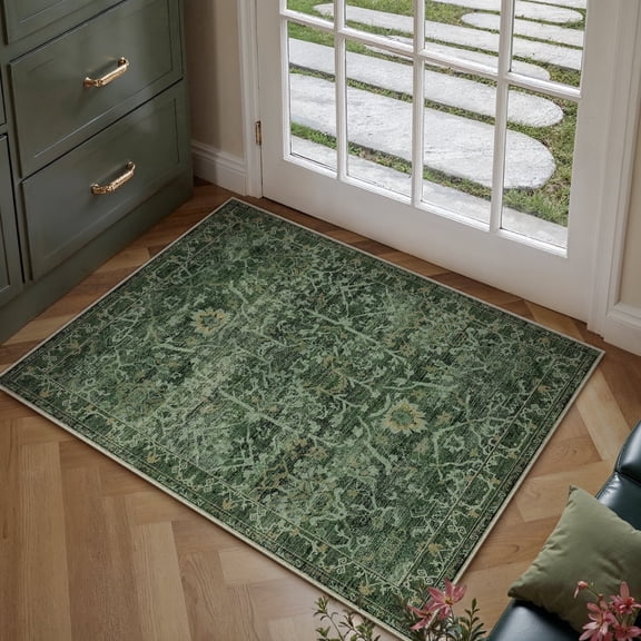 BERTHMEER 2'x3' Small Green Area Rugs for Bathroom Bedroom Entryway Kitchen Dorm Entrance Non Slip Washable Vintage Traditional Oriental Accent Distressed Carpets