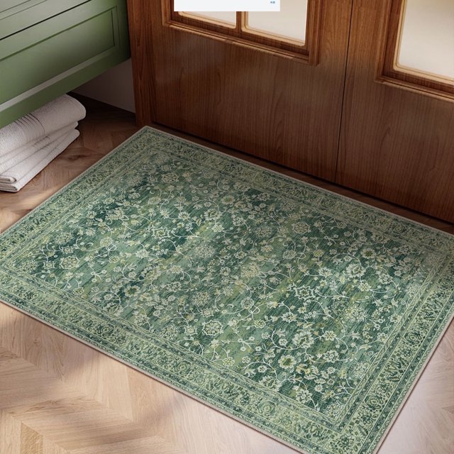 BERTHMEER 2'x3' Small Green Area Rugs for Bathroom Bedroom Entryway Kitchen Dorm Entrance Non Slip Washable Vintage Traditional Oriental Accent Floral Distressed Rugs