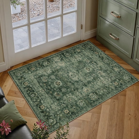 BERTHMEER 2'x3' Small Green Area Rugs for Bathroom Entryway Bedroom Kitchen Dorm Entrance Non Slip Washable Vintage Traditional Oriental Accent Distressed Rugs