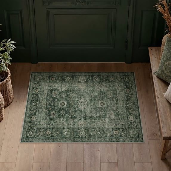 BERTHMEER 2'x3' Small Green Area Rugs for Bathroom Entryway Bedroom Kitchen Dorm Entrance Non Slip Washable Vintage Traditional Oriental Accent Distressed Rugs