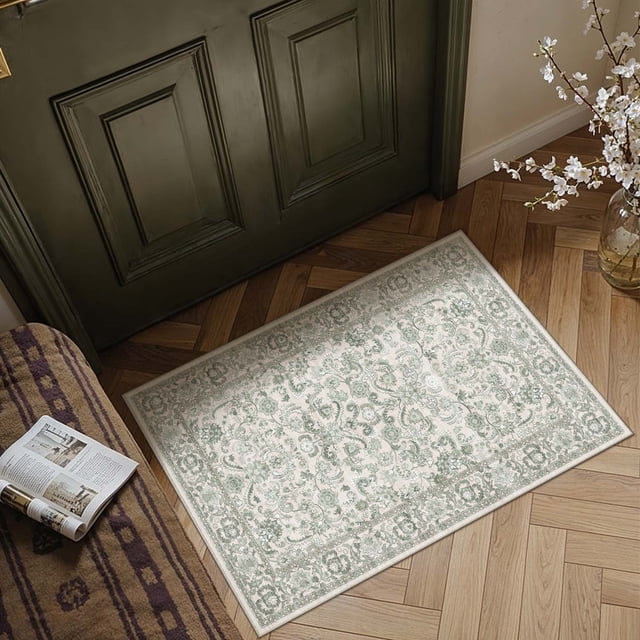 BERTHMEER 2'x3' Small Green Area Rugs Vintage Distressed Rugs for Bathroom Bedroom Entryway Kitchen Dorm Entrance Non Slip Washable Oriental Traditional Rugs