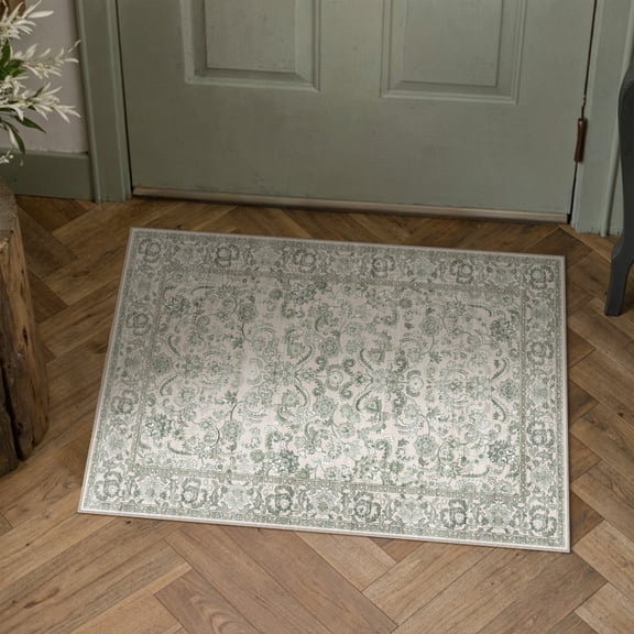 BERTHMEER 2'x3' Small Green Area Rugs Vintage Distressed Rugs for Bathroom Bedroom Entryway Kitchen Dorm Entrance Non Slip Washable Oriental Traditional Rugs