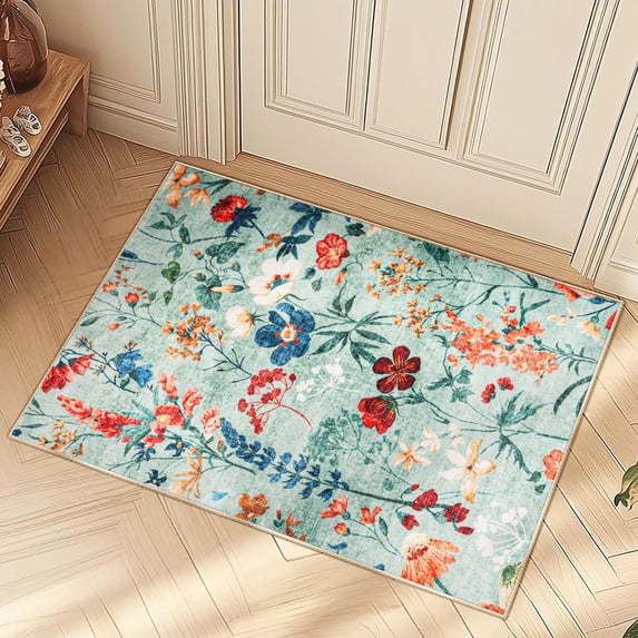 BERTHMEER 2'x3' Small Green Area Rugs for Bathroom Bedroom Entryway Kitchen Dorm Entrance Non Slip Washable Floral Vintage Oriental Flower Rugs