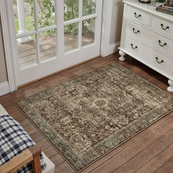 BERTHMEER 2'x3' Small Red Brown Area Rugs Washable Throw Rugs for Entryway Kitchen Doorway Entrance Indoor Traditional Doormats Non-slip Washable Rugs