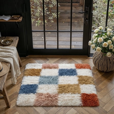 BERTHMEER 2'x3' Small Shag Area Rugs for Doorway Kitchen Entryway Dorm Entrance Laundry Bedroom Non Slip Fuzzy Checkered Rugs Fluffy Plush Pile Soft Geometric Modern Indoor Carpets,Multicolor