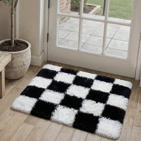 BERTHMEER 2'x3' Washable Small Shag Area Rugs for Doorway Entryway Dorm Entrance Laundry Bedroom Non Slip Rugs Fluffy Plush Soft Geometric Checkered Modern Indoor Fuzzy Carpets, Black White