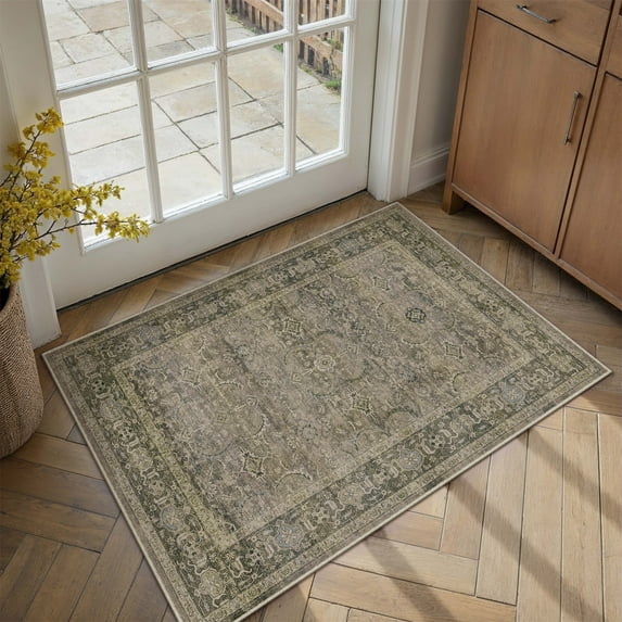 BERTHMEER 2'x3' Small Taupe Area Rugs for Bathroom Entryway Bedroom Kitchen Dorm Entrance Non Slip Washable Vintage Traditional Oriental Accent Distressed Carpets