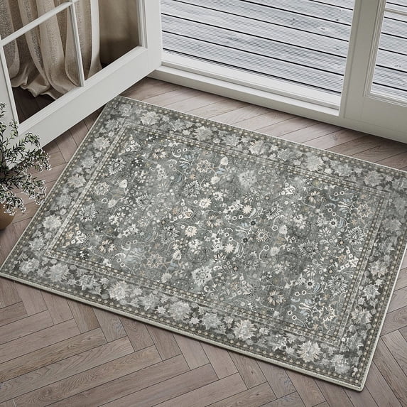 BERTHMEER 2'x3' Small Vintage Floral Area Rugs for Entryway Doorway Indoor Doormats Bathroom Machine Washable Non-slip,Gray