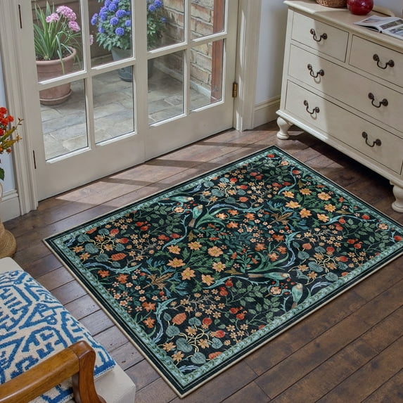 BERTHMEER 2'x3' Washable Area Rugs for Bathroom Bedroom Entryway Kitchen Entrance Non Slip Blue Floral Vintage Oriental Traditional Flower Carpets, Multicolor