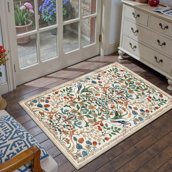 BERTHMEER 2'x3' Washable Area Rugs for Bathroom Bedroom Entryway Kitchen Entrance Non Slip Beige Floral Vintage Oriental Traditional Flower Carpets, Multicolor