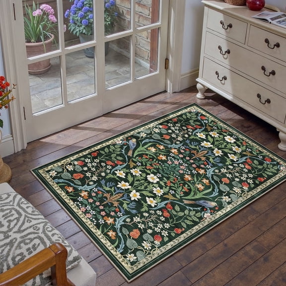 BERTHMEER 2'x3' Washable Area Rugs for Bathroom Bedroom Entryway Kitchen Entrance Non Slip Green Floral Vintage Oriental Traditional Flower Carpets, Multicolor