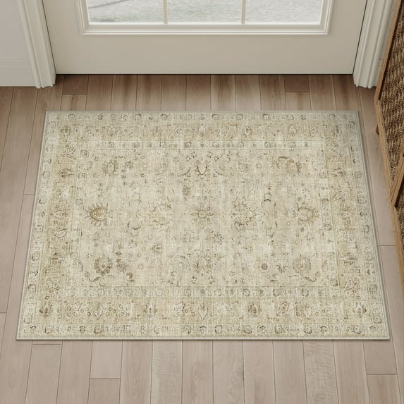 BERTHMEER 2'x3' Washable Small Area Rugs for Entryway Kitchen Doorway Entrance Dorm Kitchen Traditional Vintage Oriental Indoor Doormats Non-slip Rugs,Beige