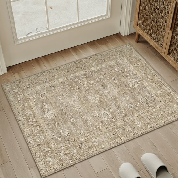 BERTHMEER 2'x3' Washable Small Area Rugs for Entryway Kitchen Doorway Entrance Dorm Kitchen Traditional Vintage Oriental Indoor Doormats Non-slip Rugs, Brown