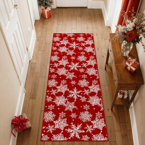 BERTHMEER 2'x6' Christmas Runner Rugs Indoor for Hallway Kitchen Bathroom Living Room Entryway Laundry Room Red White Snowflake Washable Rugs Non-slip Holiday Decor Throw Rugs