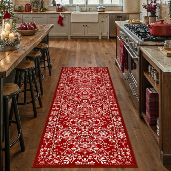 BERTHMEER 2'x6' Christmas Runner Rugs Indoor for Hallway Kitchen Bathroom Living Room Entryway Laundry Room Red White Washable Rugs Non-slip Holiday Decor Rugs