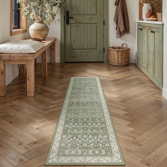 BERTHMEER 2'x6' Green Washable Runner Rugs for Hallway Bathroom Bedroom Entryway Kitchen Non Slip Vintage Oriental Distressed Runner Rugs