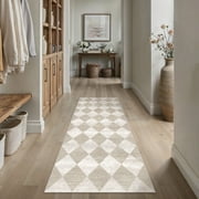 BERTHMEER 2x6 Rhombus Checkered Runner Rugs for Hallway Entryway Bathroom Bedroom Kitchen Non Slip Washable Geometric Modern Contemporary Runner Rugs,Beige