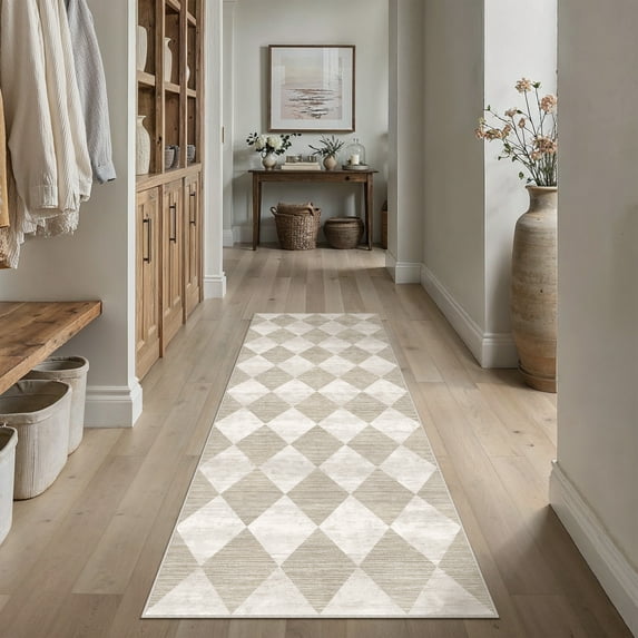 BERTHMEER 2'x6' Rhombus Checkered Runner Rugs for Hallway Entryway Bathroom Bedroom Kitchen Non Slip Washable Geometric Modern Contemporary Runner Rugs,Beige